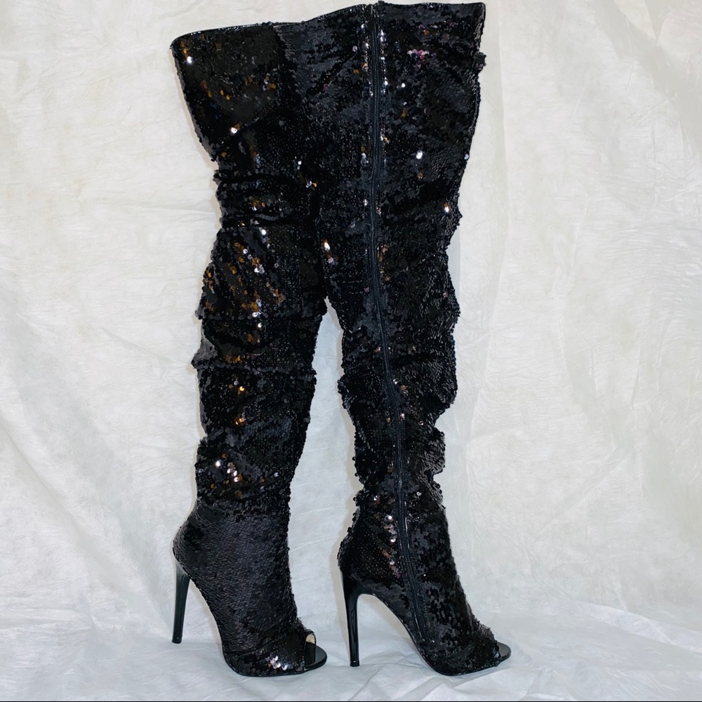WOMEN'S BLK SEQUINED EMELIA-10 OVER THE KNEE BOOTS